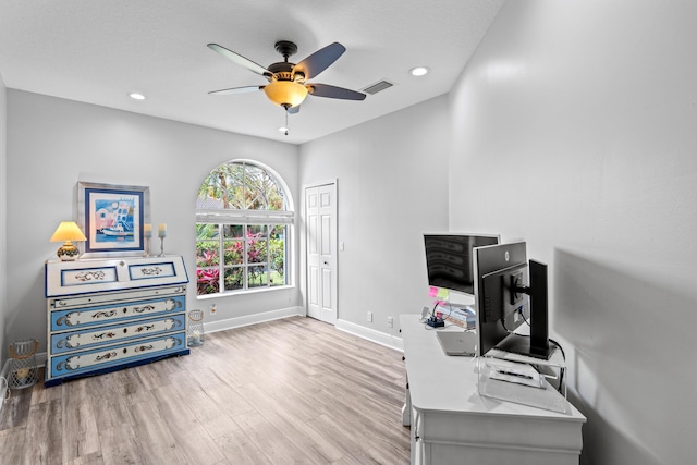 office with visible vents, baseboards, ceiling fan, recessed lighting, and wood finished floors