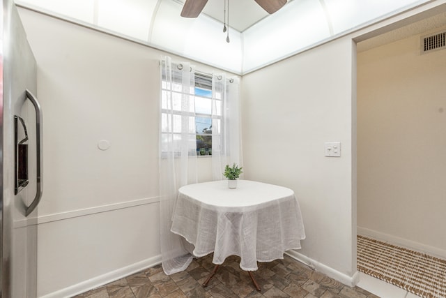 230 NE 26th Ave Unit 1030, Boynton Beach, FL 33435 - bathroom featuring baseboards, visible vents, stone finish flooring, and a ceiling fan
