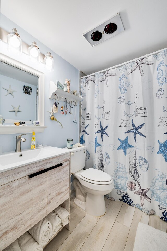 full bathroom featuring toilet, vanity, and curtained shower