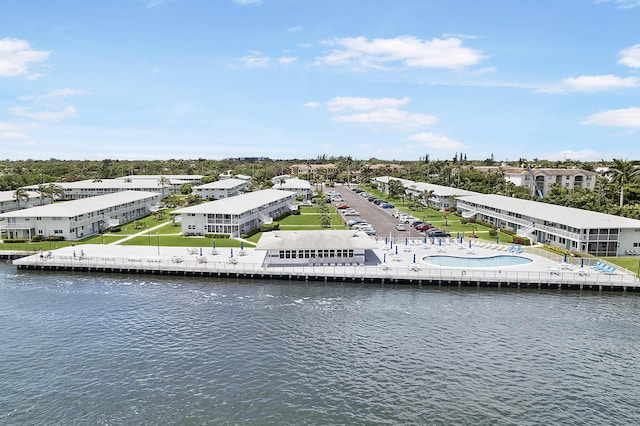 exterior space with a water view