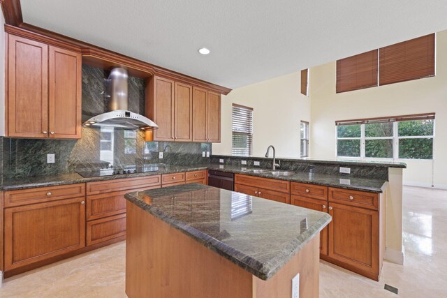 9682 Campi Dr, Lake Worth, FL 33467 - kitchen with a sink, wall chimney range hood, a peninsula, black appliances, and backsplash