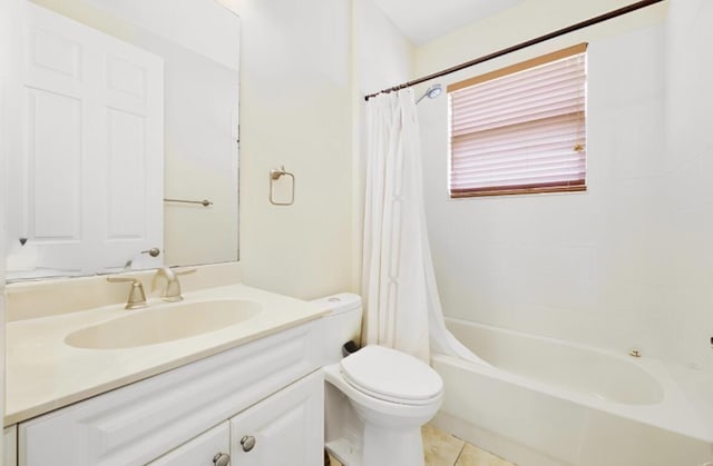 9682 Campi Dr, Lake Worth, FL 33467 - bathroom featuring tile patterned floors, toilet, shower / bathtub combination with curtain, and vanity