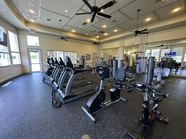 9682 Campi Dr, Lake Worth, FL 33467 - exercise room featuring ornamental molding, visible vents, and ceiling fan
