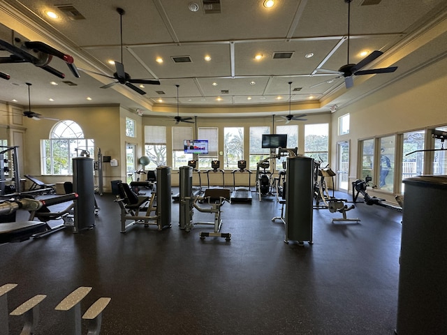 9682 Campi Dr, Lake Worth, FL 33467 - workout area featuring visible vents, ornamental molding, and ceiling fan