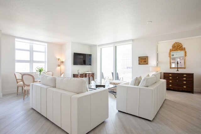 living room with light wood-style flooring and a textured ceiling
