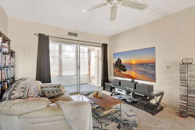 1021 Crystal Lake Dr Unit 109, Deerfield Beach, FL 33064 - living room featuring tile patterned flooring, visible vents, and ceiling fan