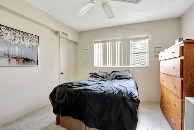 1021 Crystal Lake Dr Unit 109, Deerfield Beach, FL 33064 - bedroom with baseboards, visible vents, ceiling fan, and light tile patterned floors