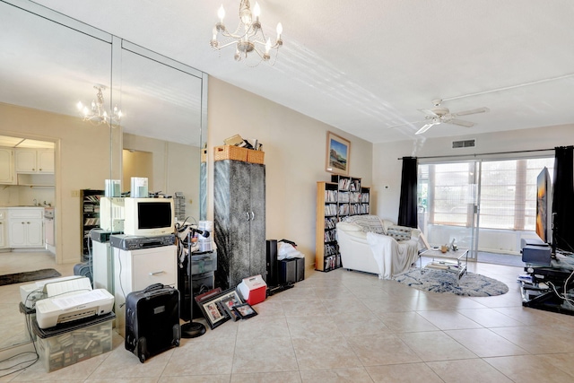 1021 Crystal Lake Dr Unit 109, Deerfield Beach, FL 33064 - living area with ceiling fan with notable chandelier, visible vents, and light tile patterned floors