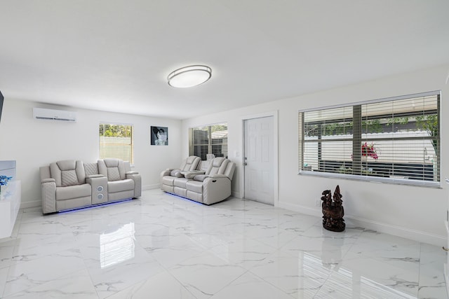 180 NW 18th St, Pompano Beach, FL 33060 - living room featuring marble finish floor, baseboards, and an AC wall unit