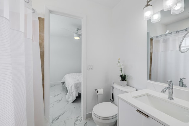 180 NW 18th St, Pompano Beach, FL 33060 - ensuite bathroom featuring a shower with shower curtain, toilet, a ceiling fan, vanity, and marble finish floor