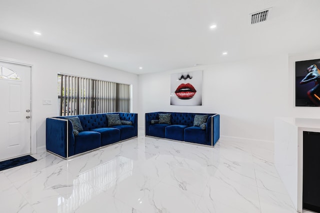 180 NW 18th St, Pompano Beach, FL 33060 - living room featuring marble finish floor, visible vents, and recessed lighting