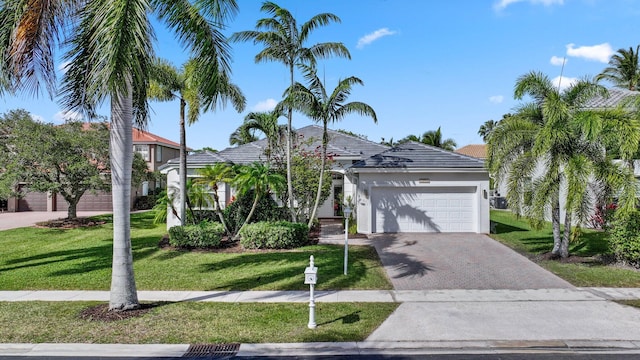 12761 Yardley Dr, Boca Raton, FL 33428 - view of front of property featuring a tiled roof, a garage, stucco siding, a front lawn, and driveway