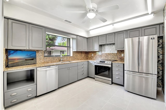 9805 Walnut Tree A Way Unit A, Boynton Beach, FL 33436 - kitchen with a sink, backsplash, appliances with stainless steel finishes, gray cabinetry, and visible vents