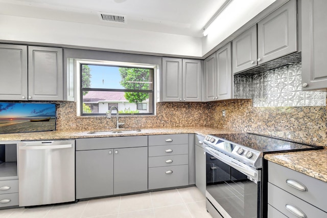 9805 Walnut Tree A Way Unit A, Boynton Beach, FL 33436 - kitchen featuring backsplash, gray cabinets, a sink, light tile patterned flooring, and appliances with stainless steel finishes