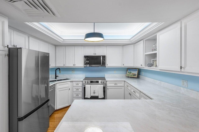 kitchen featuring a tray ceiling, crown molding, open shelves, stainless steel appliances, and a sink