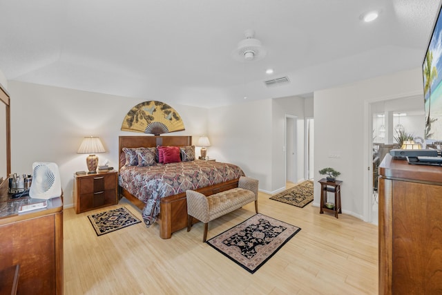 bedroom featuring recessed lighting, baseboards, visible vents, and light wood finished floors
