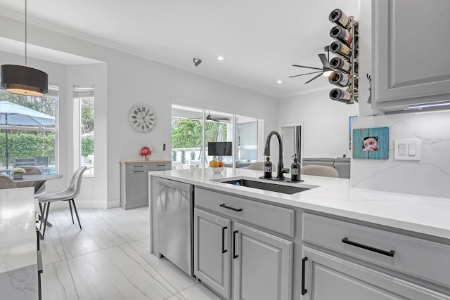 8086 Bautista Way, Palm Beach Gardens, FL 33418 - kitchen featuring stainless steel dishwasher, light stone countertops, recessed lighting, a sink, and hanging light fixtures