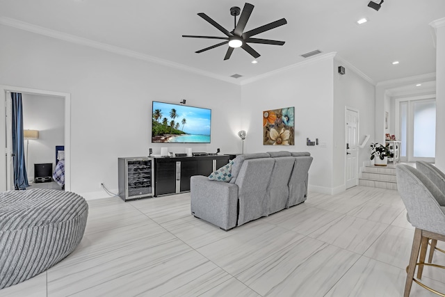 8086 Bautista Way, Palm Beach Gardens, FL 33418 - living room with a ceiling fan, visible vents, baseboards, wine cooler, and ornamental molding
