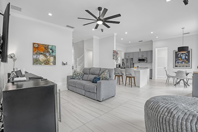 8086 Bautista Way, Palm Beach Gardens, FL 33418 - living room with recessed lighting, ceiling fan, visible vents, and ornamental molding