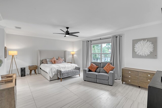 8086 Bautista Way, Palm Beach Gardens, FL 33418 - bedroom with ceiling fan, visible vents, and ornamental molding