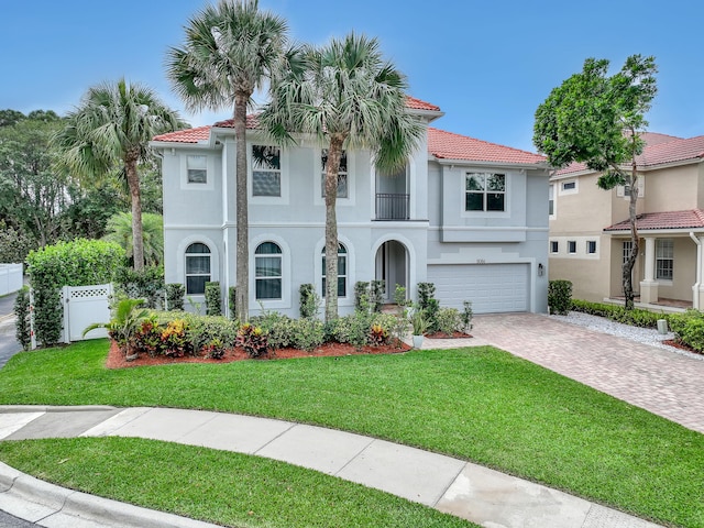 8086 Bautista Way, Palm Beach Gardens, FL 33418 - mediterranean / spanish home with an attached garage, driveway, a tiled roof, and a balcony