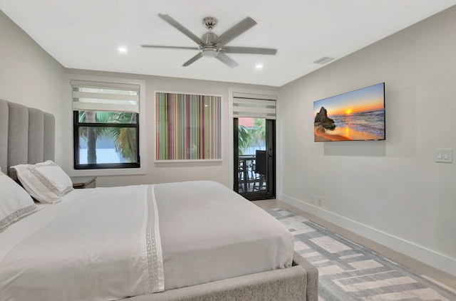 bedroom featuring recessed lighting, baseboards, access to exterior, ceiling fan, and visible vents