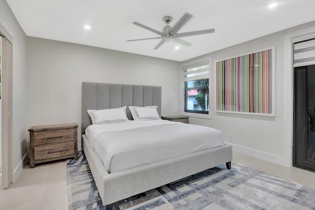 bedroom featuring baseboards, recessed lighting, and a ceiling fan