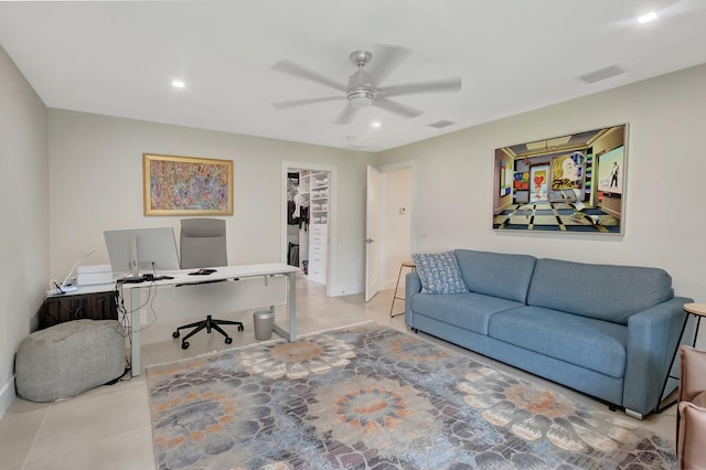office with ceiling fan, visible vents, and recessed lighting