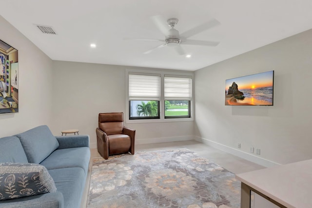 living room with baseboards, visible vents, recessed lighting, and a ceiling fan