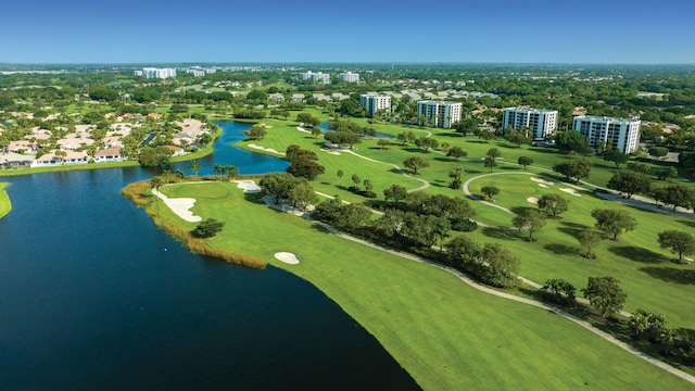 bird's eye view featuring a city view, golf course view, and a water view