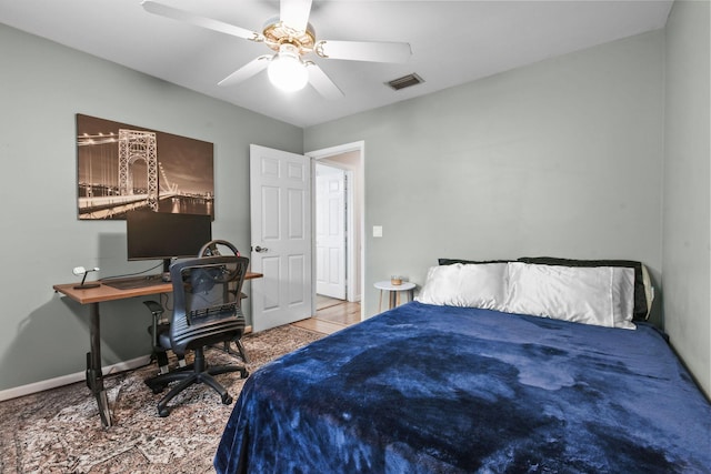 bedroom with a ceiling fan, baseboards, and visible vents