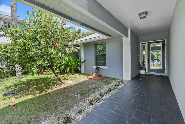 entrance to property with stucco siding and a yard