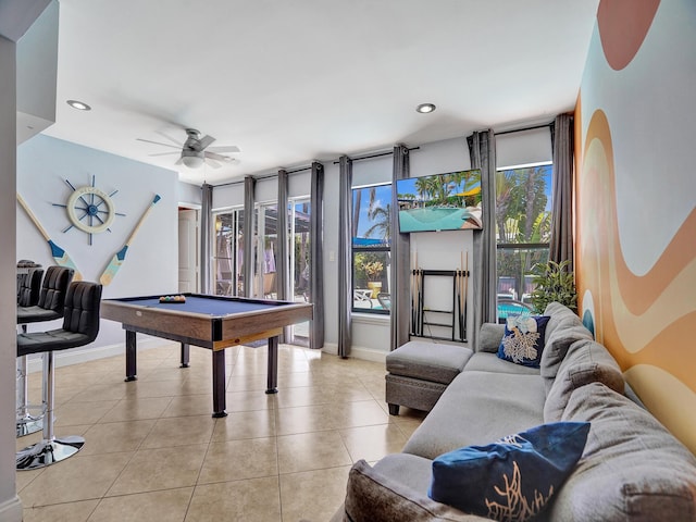 recreation room with billiards, light tile patterned floors, baseboards, ceiling fan, and recessed lighting