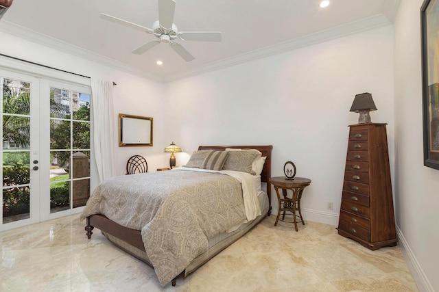 702 SE 7th St, Delray Beach, FL 33483 - bedroom featuring access to outside, ornamental molding, french doors, marble tiled flooring, and baseboards