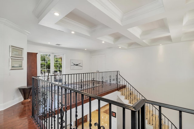 702 SE 7th St, Delray Beach, FL 33483 - hall featuring an upstairs landing, recessed lighting, baseboards, beam ceiling, and coffered ceiling