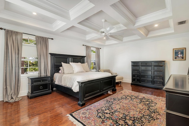 702 SE 7th St, Delray Beach, FL 33483 - bedroom with wood finished floors, crown molding, beamed ceiling, coffered ceiling, and ceiling fan