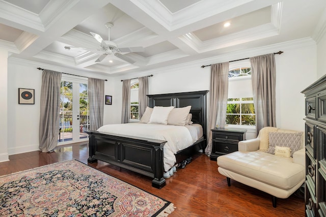 702 SE 7th St, Delray Beach, FL 33483 - bedroom featuring access to outside, multiple windows, dark wood-style floors, crown molding, and beamed ceiling