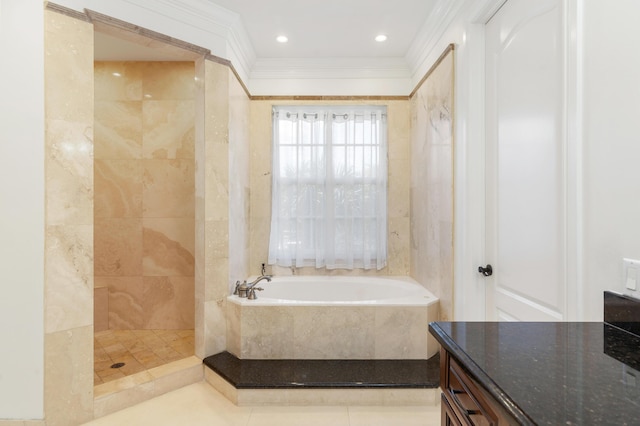 702 SE 7th St, Delray Beach, FL 33483 - bathroom featuring a bath, crown molding, tiled shower, and vanity