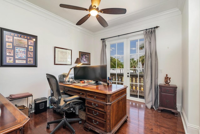 702 SE 7th St, Delray Beach, FL 33483 - home office with crown molding, dark wood finished floors, a ceiling fan, and french doors