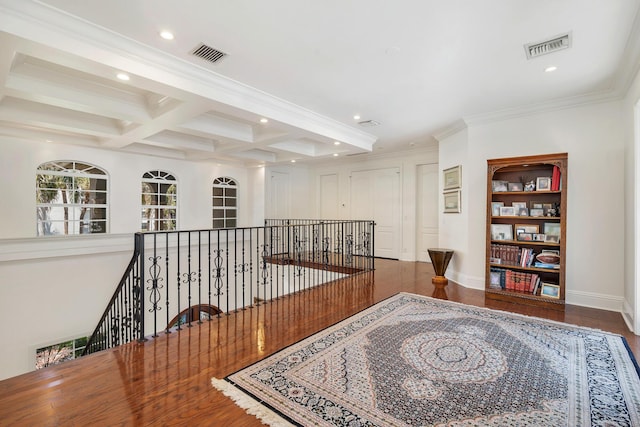 702 SE 7th St, Delray Beach, FL 33483 - hallway with coffered ceiling, an upstairs landing, beam ceiling, recessed lighting, and wood finished floors