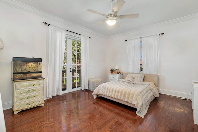 702 SE 7th St, Delray Beach, FL 33483 - bedroom featuring crown molding, access to exterior, wood finished floors, baseboards, and a ceiling fan