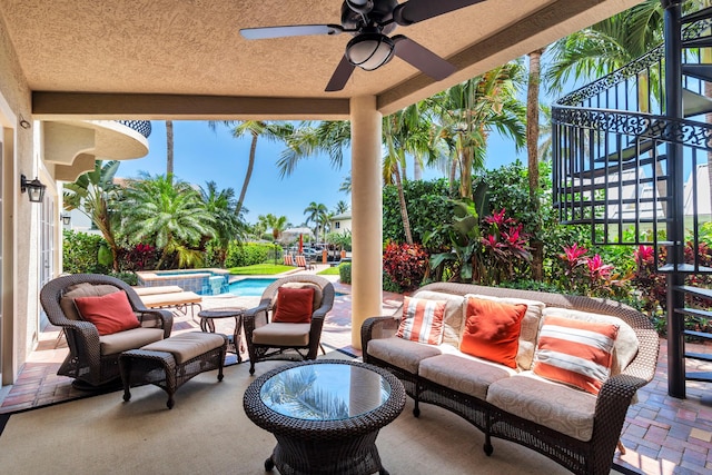 702 SE 7th St, Delray Beach, FL 33483 - view of patio / terrace featuring stairs, a ceiling fan, and an outdoor pool