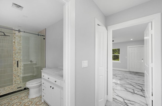 6008 S Citrus Ave, Fort Pierce, FL 34982 - bathroom featuring a stall shower, vanity, marble finish flooring, and recessed lighting
