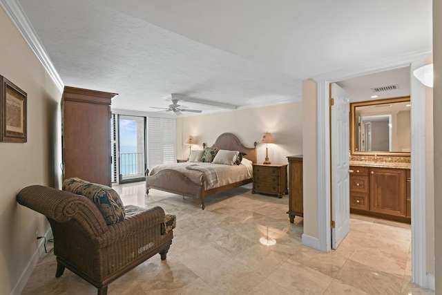 bedroom featuring visible vents, baseboards, crown molding, and a ceiling fan