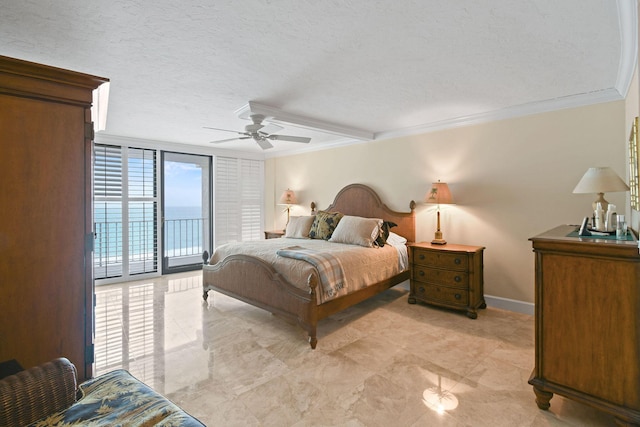 bedroom featuring access to outside, baseboards, a textured ceiling, crown molding, and a ceiling fan