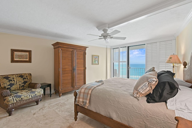 bedroom with crown molding, access to exterior, ceiling fan, and a textured ceiling