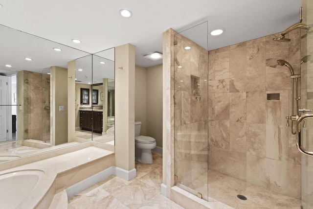 bathroom featuring toilet, recessed lighting, marble finish floor, and a stall shower