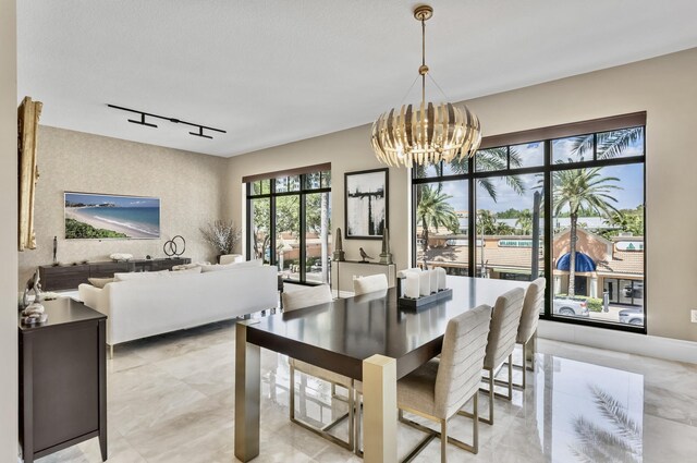 dining room with rail lighting and an inviting chandelier