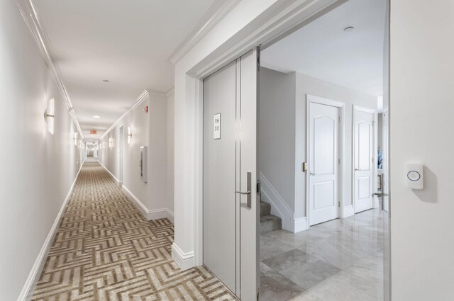 hallway featuring crown molding and baseboards