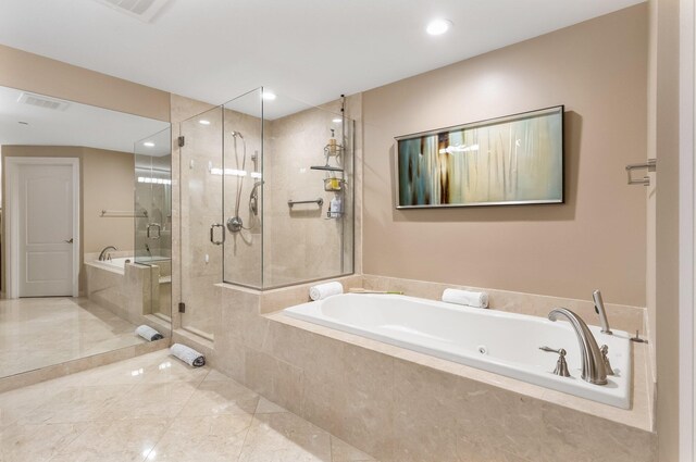 bathroom featuring recessed lighting, visible vents, a shower stall, and a bath